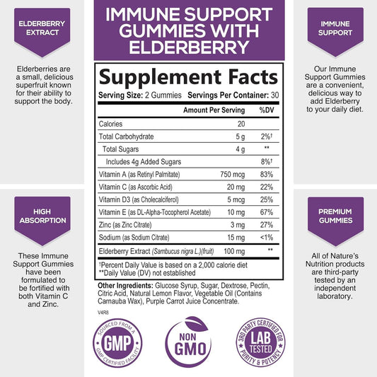 Immune Support Gummies - Powerful Elderberry, Zinc & Vitamin C Gummy, Max Potency Sambucus Black Elderberry Extract Natural Vegan Immune Support Supplement for Adults & Children - 60 Gummies