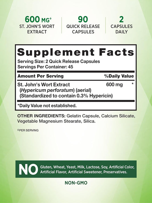 St Johns Wort Capsules | 600Mg | 90 Count | Standardized Extract | Non-Gmo & Gluten Free Supplement | By Nature'S Truth