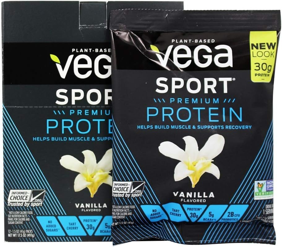 Vega Sport Premium Vegan Protein Powder, Vanilla - 30G Plant Based Protein, 5G Bcaas, Low Carb, Keto, Dairy Free, Gluten Free, Non Gmo, Pea Protein For Adults, 12 X 1.6 Oz Sachets (Packaging May Vary)