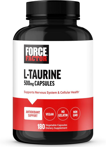 FORCE FACTOR Taurine Supplement, Taurine 500mg Capsules Antioxidant Supplement to Support Nervous System and Cellular Health, Vegan, No Gelatin, Non-GMO, 180 Vegetable Capsules