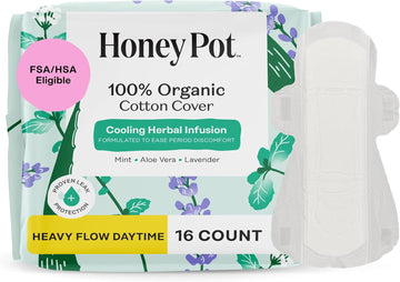 The Honey Pot Company - Herbal Sanitary Pads For Women - Heavy Flow W/Wings - Infused W/Essential Oils For Cooling Effect & Organic Cotton Cover - Feminine Care - Fsa & Hsa - 16 Ct