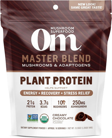 Om Mushroom Superfood Master Blend Plant-Based Protein Powder, 19.26 Ounce, 14 Servings, Creamy Chocolate Protein With 10 Mushroom Complex, Lions Mane, Adaptogens For Optimal Health And Recovery