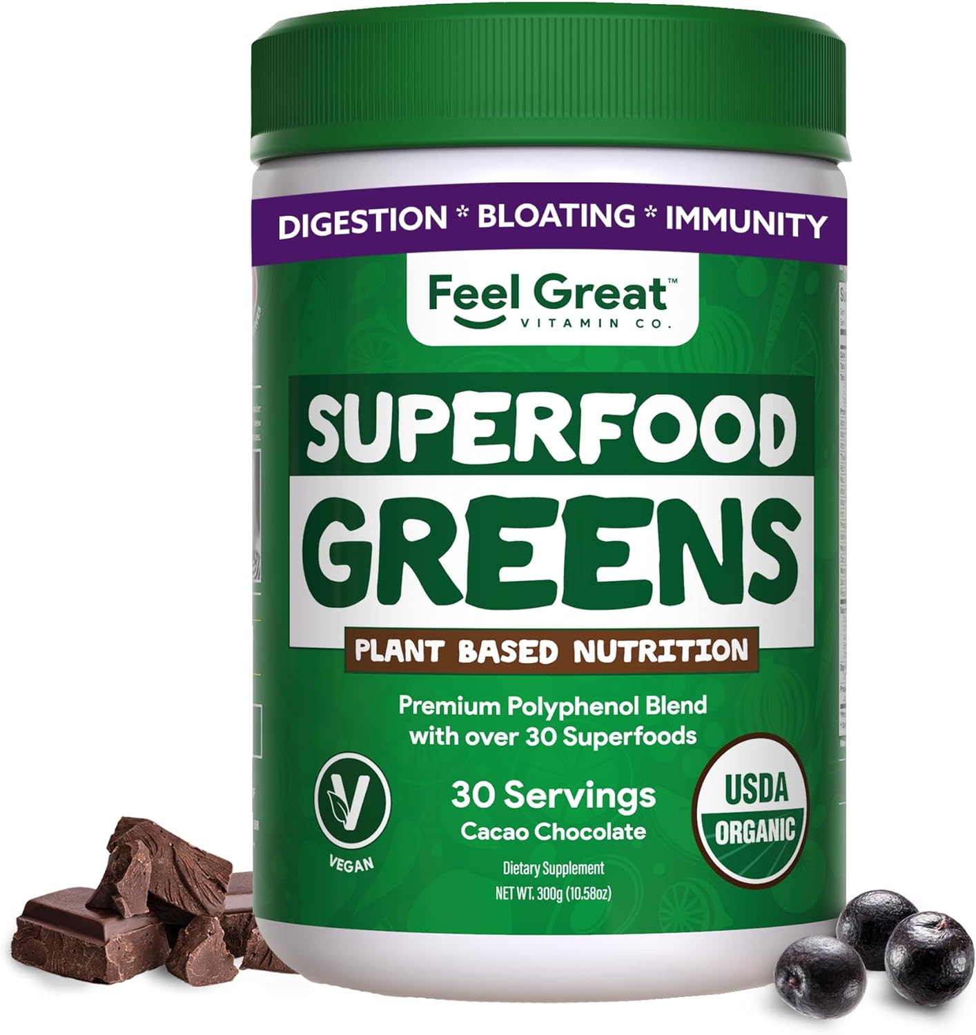 Organic Superfood Greens Powder - Cocoa Chocolate | Super Greens Fruit & Vegetable Supplement | Over 20 Greens, Fruits & Veggies, Fiber, Probiotics & Digestive Enzymes | 30 Servings