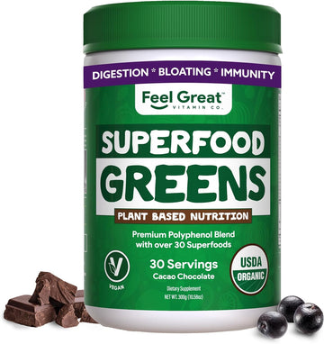 Organic Superfood Greens Powder - Cocoa Chocolate | Super Greens Fruit & Vegetable Supplement | Over 20 Greens, Fruits & Veggies, Fiber, Probiotics & Digestive Enzymes | 30 Servings
