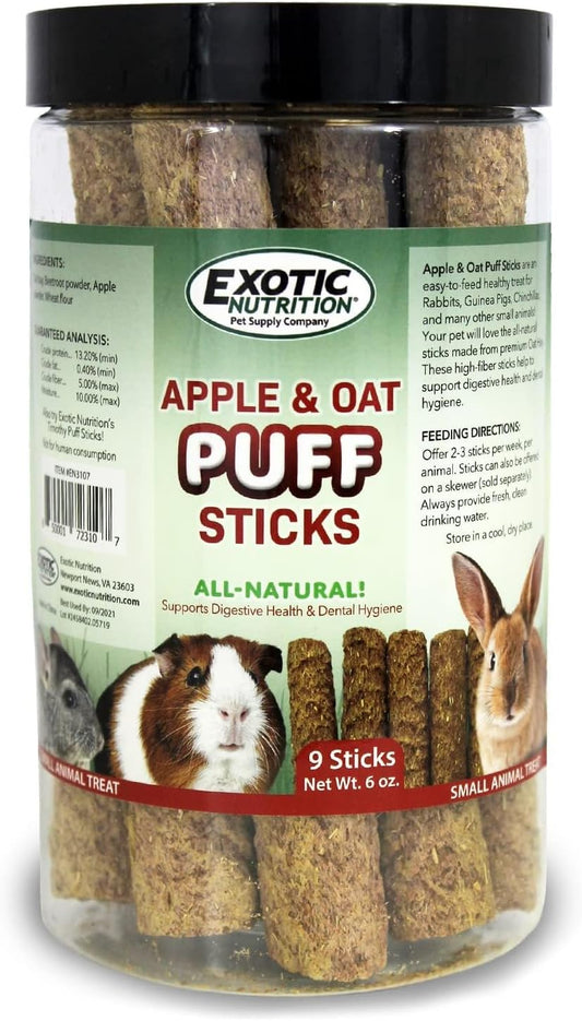 Apple & Oat Puff Sticks (6 Oz.) - Healthy Natural High Fiber Chew Treat Made With Oat Hay - Rabbits, Guinea Pigs, Hamsters, Chinchillas, Degus, Prairie Dogs, Squirrels, Skunks, Opossums, Small Pets