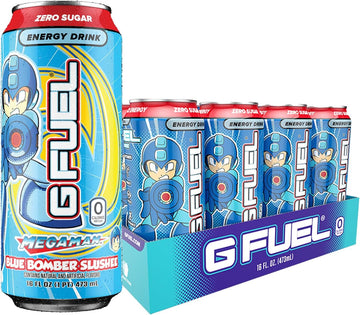 G Fuel Blue Bomber Slushee - Icy Blue Raspberry Slush Energy Drink Inspired By Mega Man, 16 Oz Can, 12-Pack Case