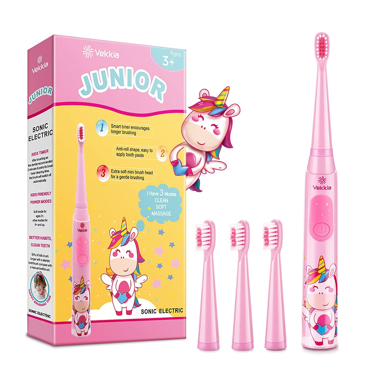 Vekkia Sonic Rechargeable Kids Electric Toothbrush, 3 Modes with Memory, Fun & Easy Cleaning, 24000 Strokes, IPX7 Waterproof, 2-Min Timer for Age 3+, 4 Soft Bristles(Pink)