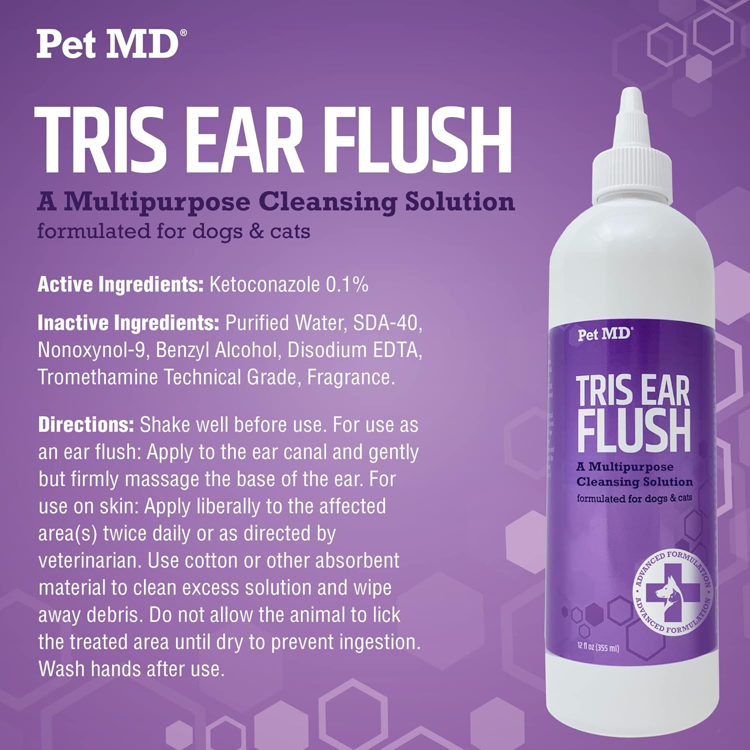 Pet MD Veterinary Tris Flush Cat & Dog Ear Cleaner - and Infection Treatment with Ketoconazole 12 oz : Pet Supplies