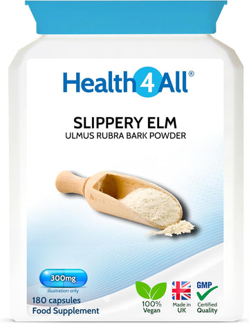 Health4All Slippery Elm 300Mg 90 Capsules, Digestive Health & Acid Reflux Support. Vegan Digestive Support Supplement, Slippery Elm Inner Bark Powder, Stomach Soothe, Gluten Free | Made In Uk