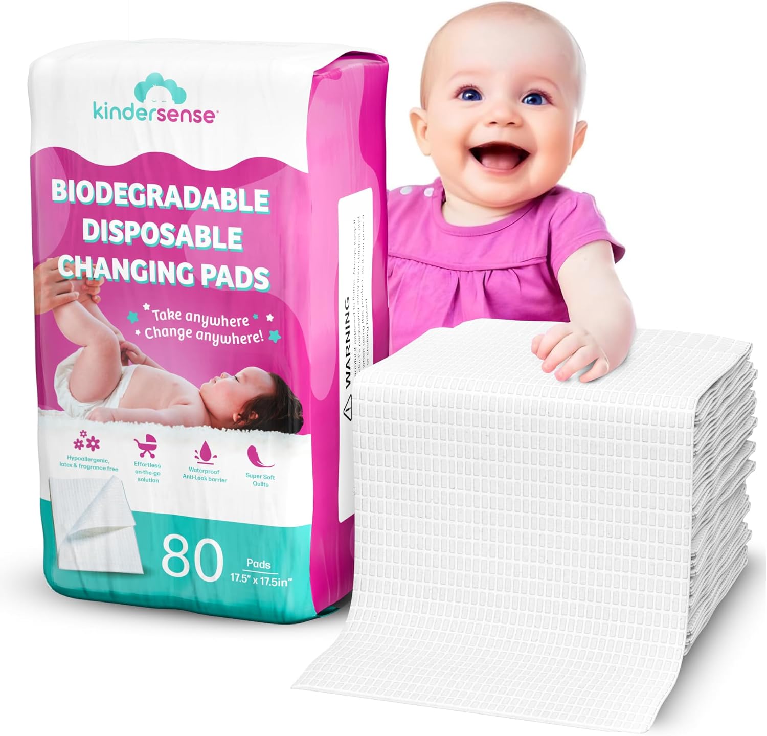 Kindersense - Disposable Changing Underpads For Baby Diaper (80 Pack) Extra Large (17.5" X 17.5") Portable Pee Pad Waterproof & Leak Proof Underpad Mat Incontinence Protection - Absorbent Changing Mat