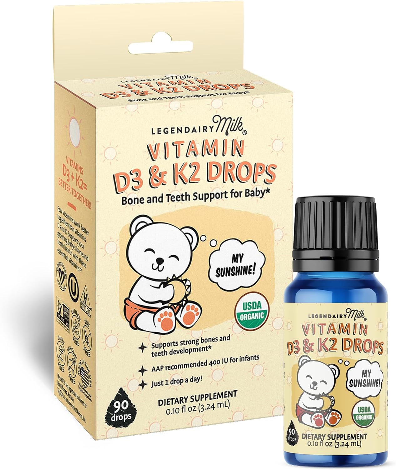 Legendairy Milk Baby Vitamin D3 & K2 Liquid Drops, Certified Organic Baby Vitamin D For Infants With K2 Drops, Newborns, Infants, Toddlers, And Kids, 400 Iu, Vegan, 90 Liquid Vitamin D Drops