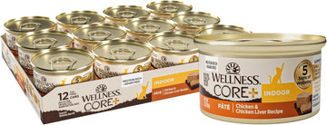 Wellness Core+ Grain Free High Protein Wet Canned Cat Food, Chicken & Chicken Liver Indoor Recipe, 3 Ounces (Pack Of 12)