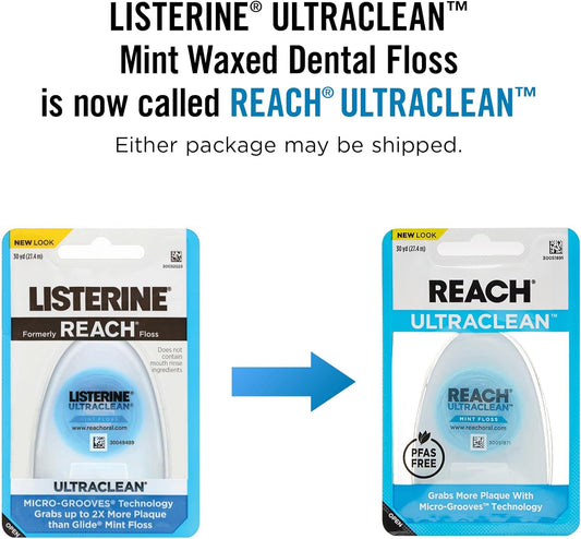 REACH® Listerine Ultraclean Mint Waxed Dental Floss | Dental Floss | PFAS Free | Shred Resistant | Effective Plaque Removal | Mint Flavor | 30yd, 6 Pack