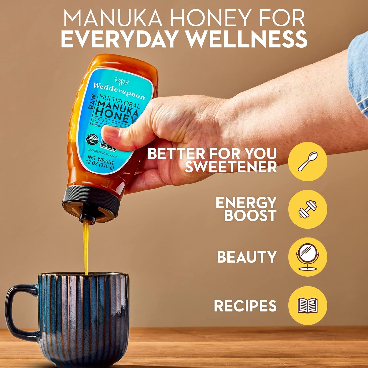 Wedderspoon Raw Premium Manuka Honey, KFactor 12, 12 Oz, Unpasteurized, Genuine New Zealand Honey, Non-GMO Superfood, Traceable from Our Hives to Your Home, Convenient Squeeze Bottle : Grocery & Gourmet Food