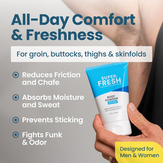Super Fresh Body Powder Lotion By Sweatblock - Talc Free, Anti-Chafing, Deodorizing, Natural Ingredients - No Mess Body Powder Lotion For Men And Women - 4 Fl Oz