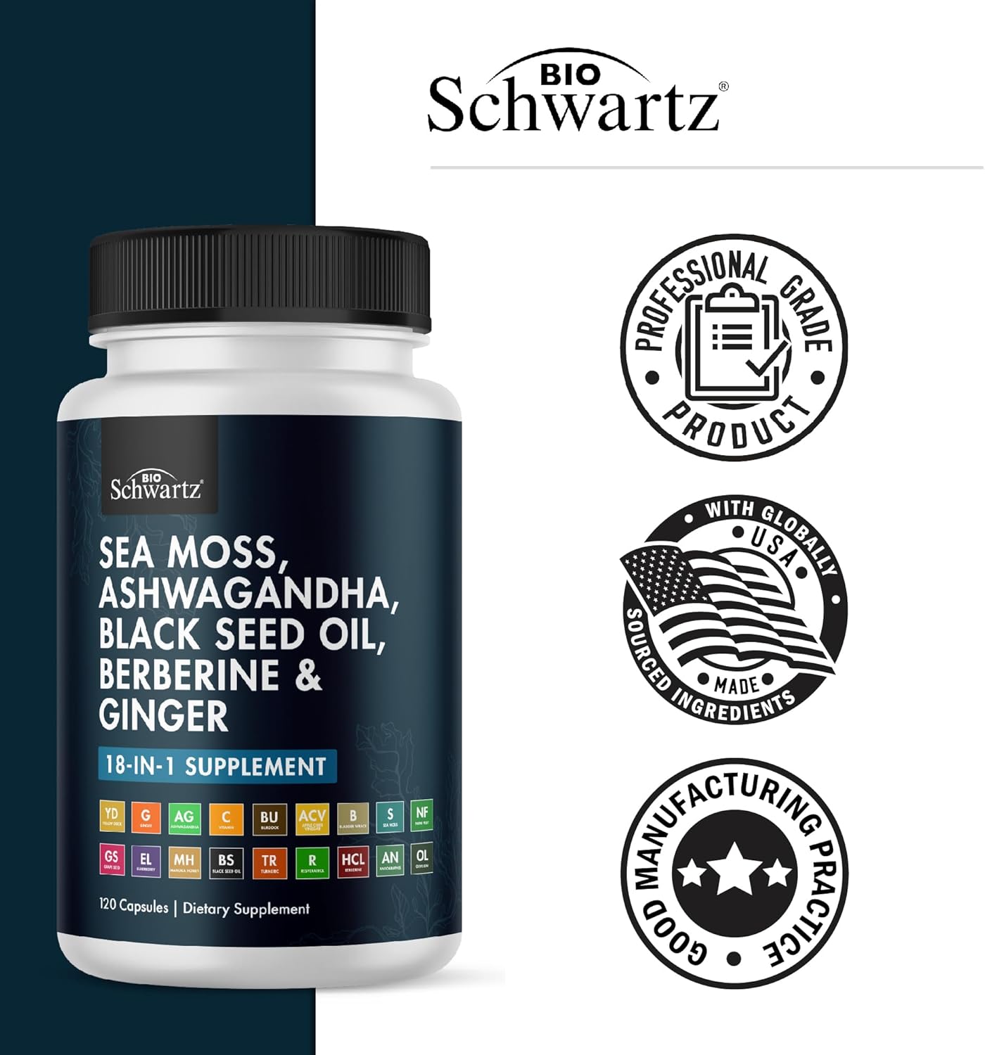 Bioschwartz Sea Moss Black Seed Oil Ashwagandha Ginger Supplement With Turmeric Berberine Hci Burdock Bladderwrack Resveratrol Elderberry Manuka Honey Apple Cider Vinegar Acv - 120 Sea Moss Capsules : Health & Household