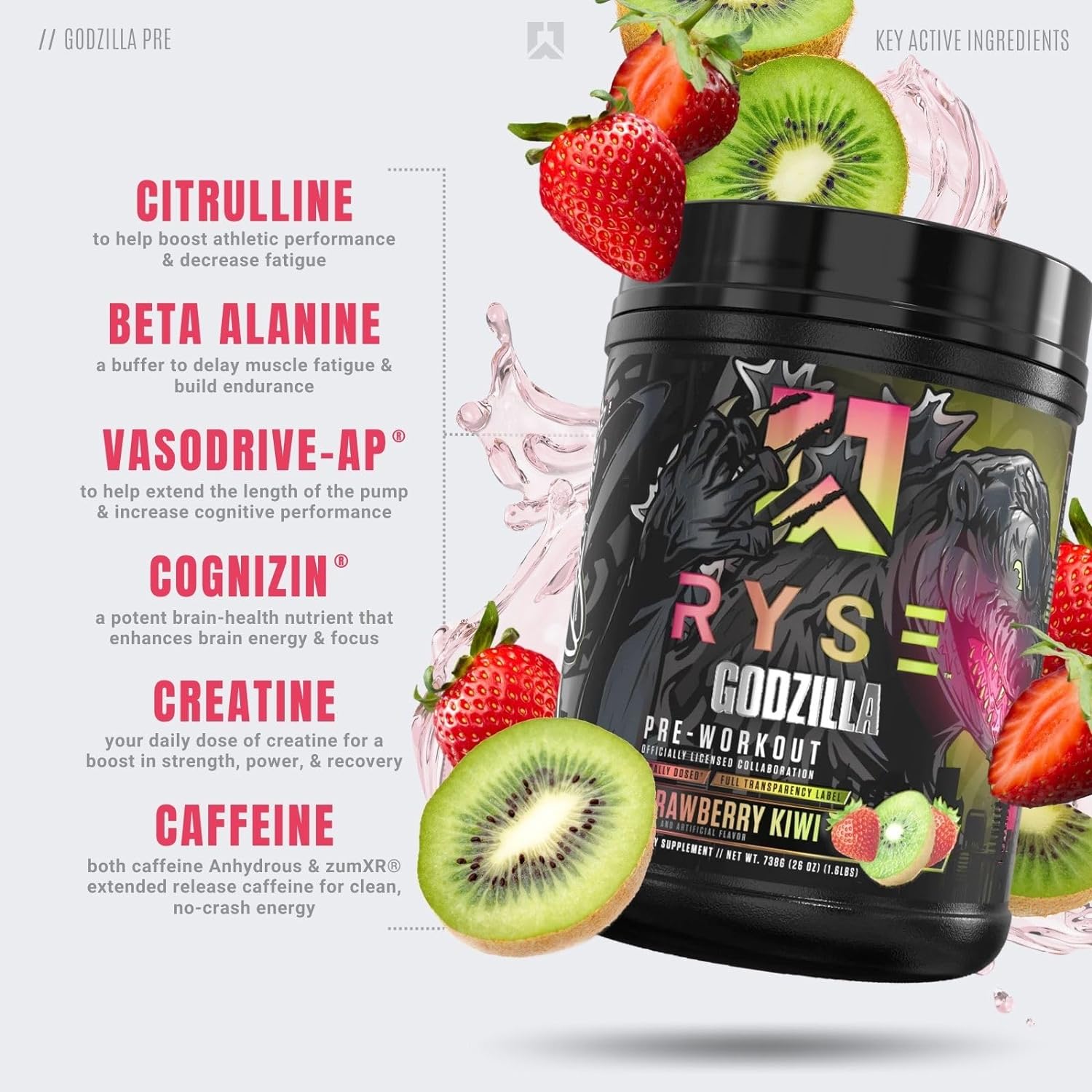 RYSE Up Supplements Noel Deyzel x Godzilla Pre Workout | Intense Pumps, Energy, & Focus | Citrulline & Beta Alanine | 400mg Total Caffeine | 40 Servings (Strawberry Kiwi) : Health & Household