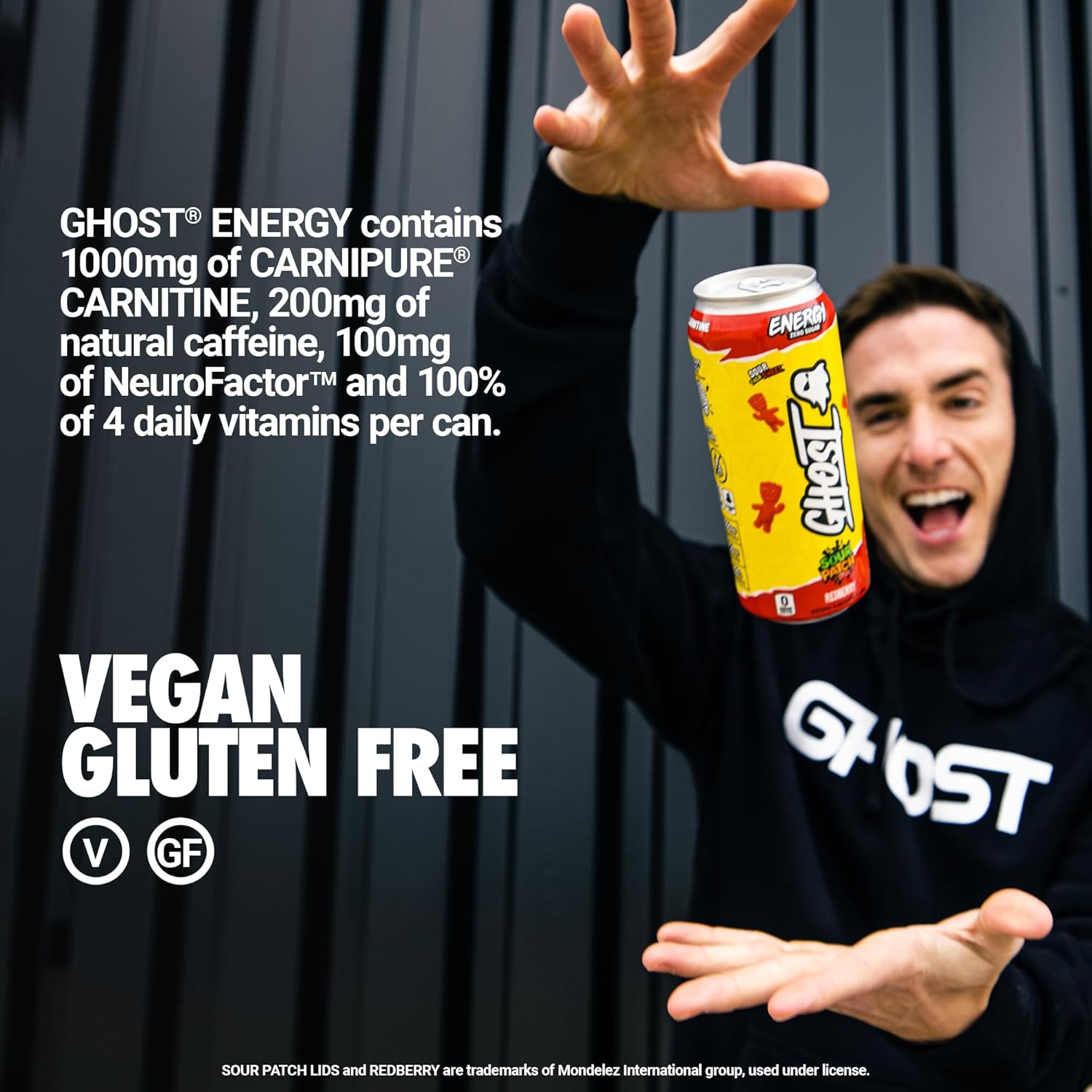 Ghost Energy Drink - 12-Pack, Sour Patch Kids Redberry, 16Oz - Energy & Focus & No Artificial Colors - 200Mg Of Natural Caffeine, L-Carnitine & Taurine - Gluten-Free & Vegan