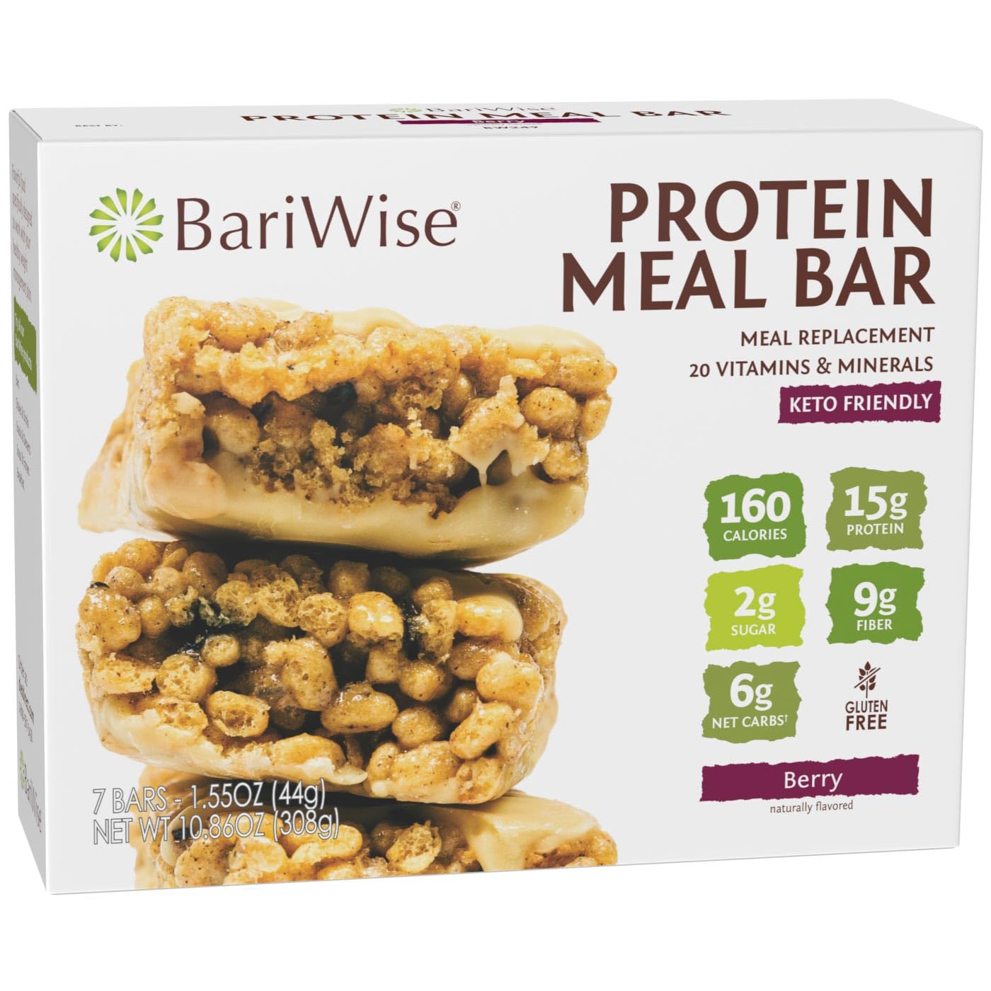 Bariwise Meal Replacement Protein & Fiber Bar, Berry, Low Carb Snack, Keto Friendly & Gluten Free (7Ct)