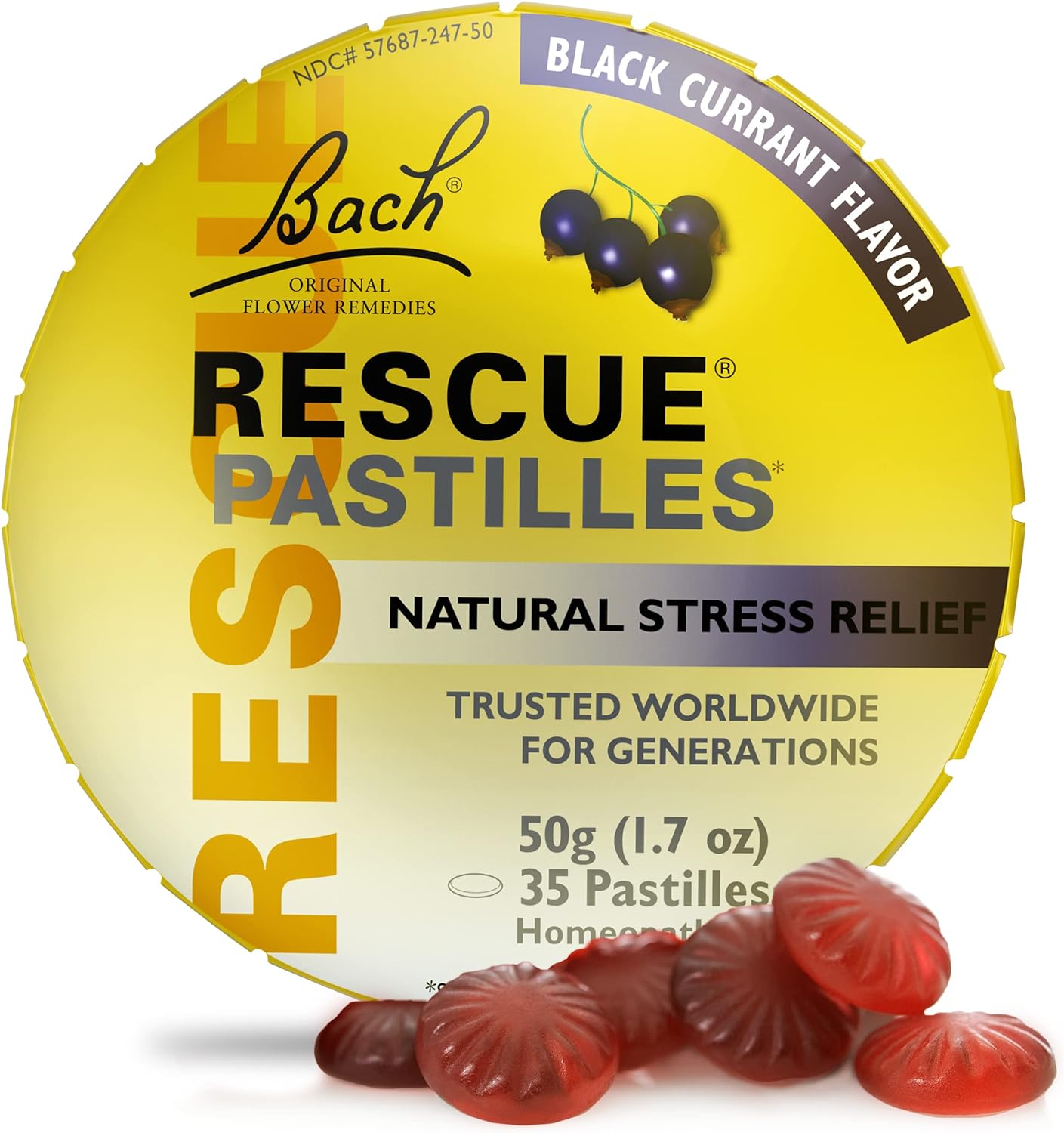 Bach RESCUE PASTILLES, Black Currant Flavor, Natural Stress Relief Lozenges, Homeopathic Flower Essence, Vegetarian, Gluten And Sugar-Free, 35 Count