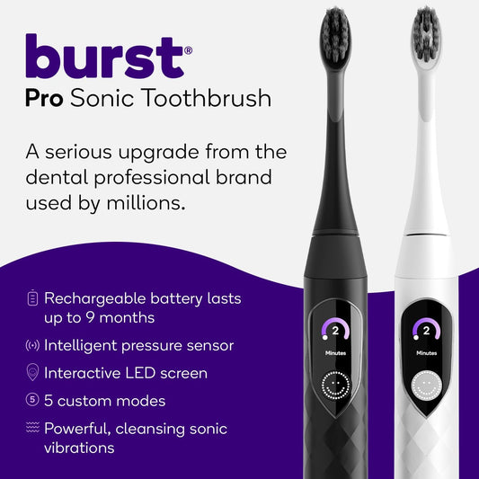 Burst Pro Sonic Electric Toothbrush for Adults - Soft Bristle Toothbrush for Deep Clean & Plaque Removal - Up to 9 Month Battery, Smart Pressure Sensor, 5 Sonic Toothbrush Modes - White