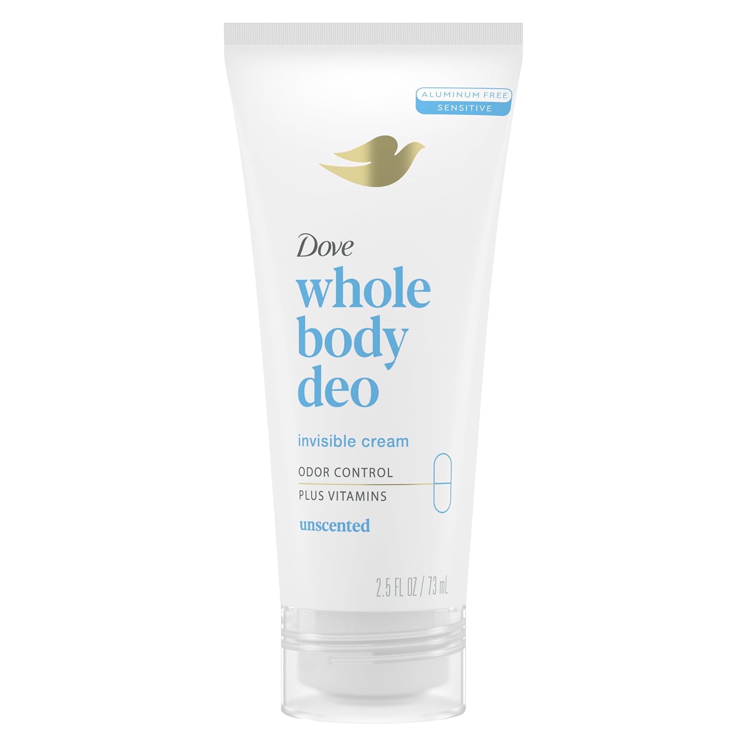 Dove Whole Body Deo Aluminum Free Invisible Cream Deodorant Unscented For 72H Odor Control, 2.5 Oz