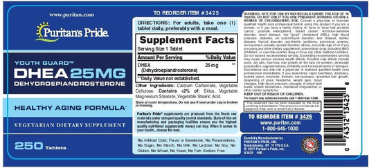 Puritan's Pride DHEA, Anti-Aging 25 mg-250 Tablets : Health & Household