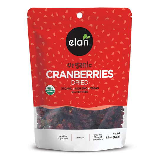 Elan Organic Dried Cranberries, Whole Dried Cranberries, No Sulphites, No Fat, Non-GMO, Vegan, Gluten-Free, Kosher, Dried Fruits, Healthy Snacks, 8 pack of 6.2 oz