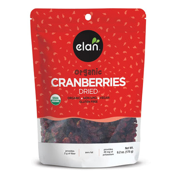 Elan Organic Dried Cranberries, 6.2 Oz, Whole Dried Cranberries, No Sulphites, No Fat, Non-Gmo, Vegan, Gluten-Free, Kosher, Dried Fruits, Healthy Snacks