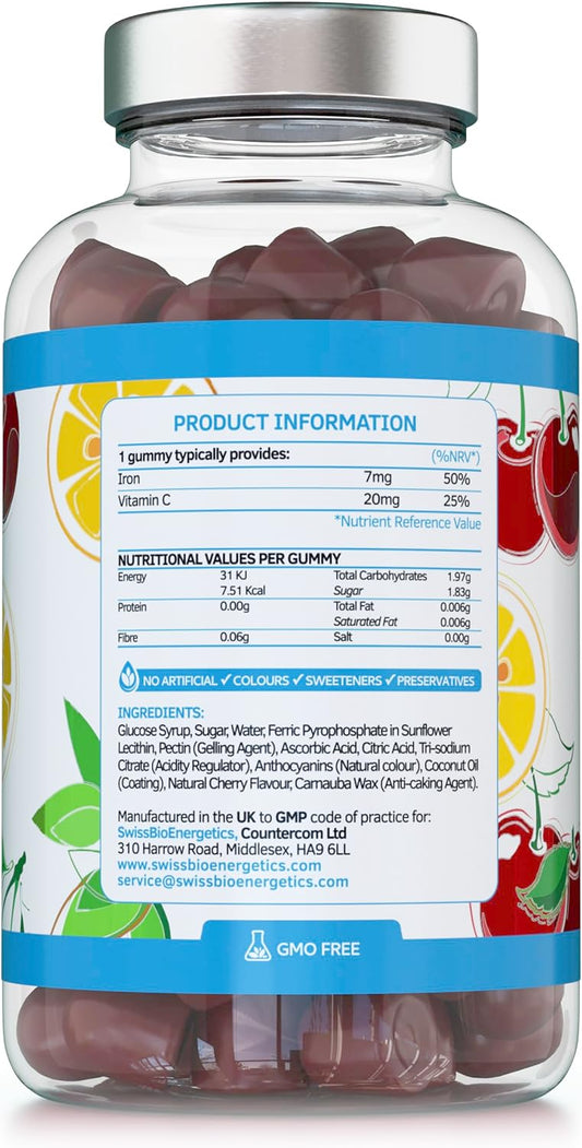 Iron Gummies with Added Vitamin C - 150 Natural Cherry Flavour Chewable Yummy Gummies - 5 Month Supply - efficient Absorption and gentler Digestion Formula - Made in The UK