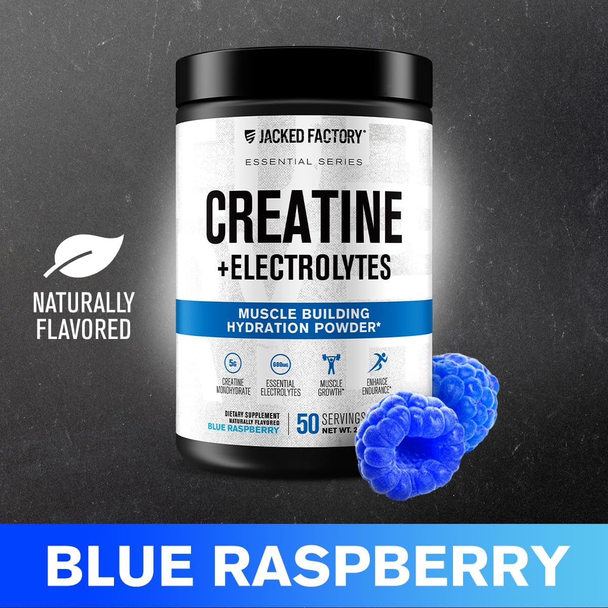 Jacked Factory Creatine + Electrolytes - Creatine Monohydrate With Taurine, Calcium, Sodium, & Potassium To Increase Muscle Growth, Strength, Hydration, & Endurance - 50 Servings, Blue Raspberry : Health & Household