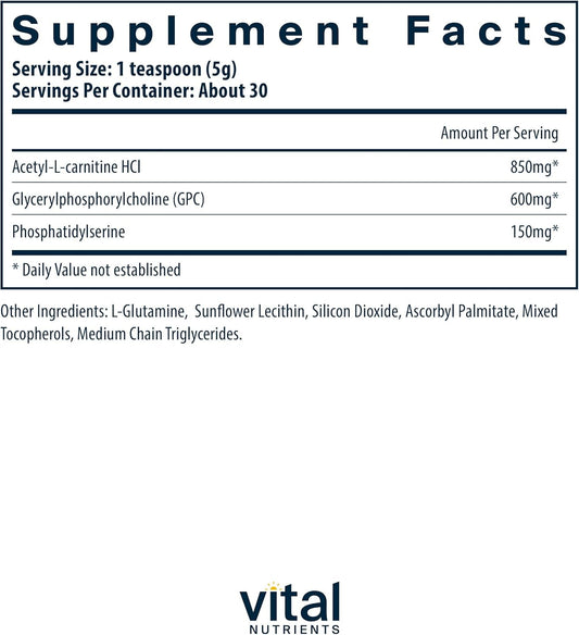 Vital Nutrients Vital Brain Powder | Phosphatidylserine, Acetyl-L-Carnitine Brain Supplement | Nootropic | Healthy Cognitive Function, Memory, Learning* | Gluten, Dairy, Soy Free | Unflavored | 150G