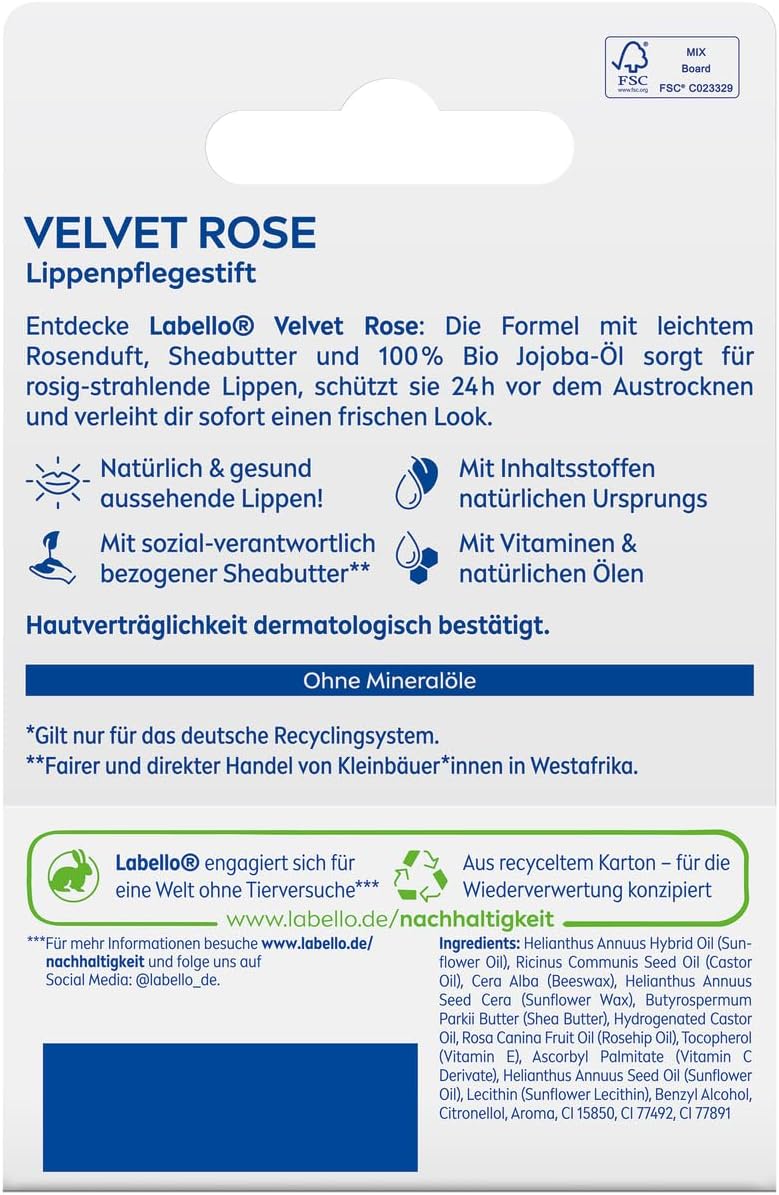 Labello Velvet Rose Lip Balm, Lip Care With Subtle Rose Fragrance For 24 Hours Of Moisture, Nourishing Lip Balm With Shea Butter And Jojoba Oil (4.8 G)