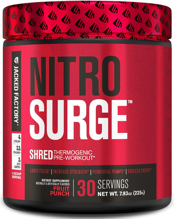 Jacked Factory Nitrosurge Shred Pre Workout Supplement - Energy Booster, Instant Strength Gains, Sharp Focus, Powerful Pumps - Nitric Oxide Booster & Preworkout Powder - 30Sv, Fruit Punch