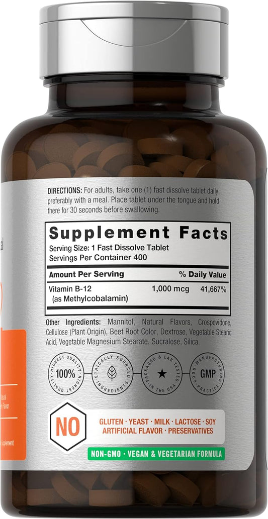 Horbach Vitamin B12 Sublingual 1000 mcg | 400 Fast Dissolve Tablets | Methylcobalamin Supplement for Adults | Natural Berry Flavor | Vegan, Vegetarian, Non-GMO, and Gluten Free