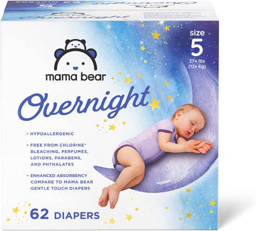 Amazon Brand - Mama Bear Overnight Diapers, Hypoallergenic, Size 5 (62 Count), Disposable Baby Diapers, Night Time Protection, White