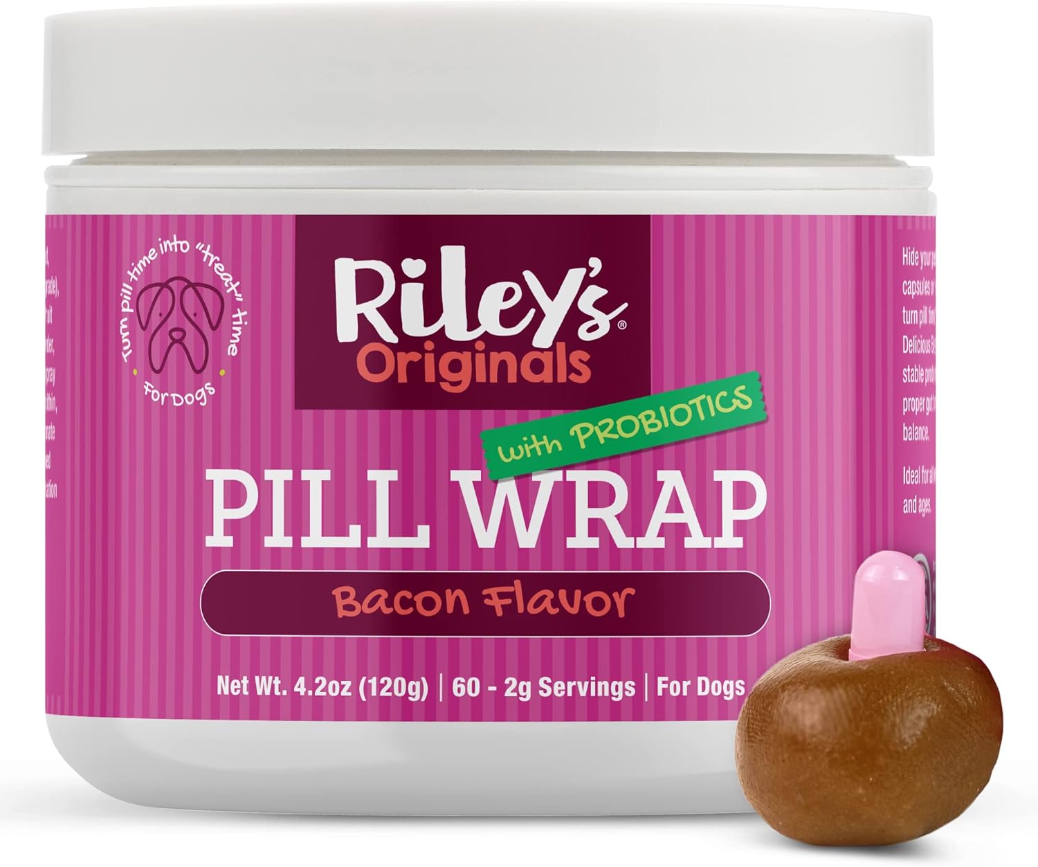 Riley'S Pill Wrap For Dogs With Probiotics - Delicious Bacon Flavored Pill Paste For Dogs - Wrap Pills, Capsules, & Tablets In A Pocket Or Pouch To Mask The Taste & Make Medication Time Fun - 4.2 Oz