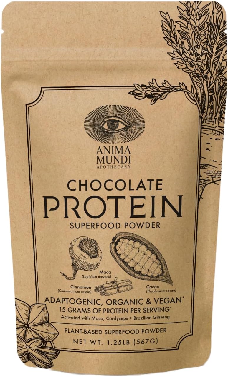 Anima Mundi Chocolate Protein Superfood Powder - Organic Vegan Protein Powder - Nutrient-Dense Chocolate Plant Based Protein Blend with Adaptogens for Energy, Strength & Adrenal Support (567g)