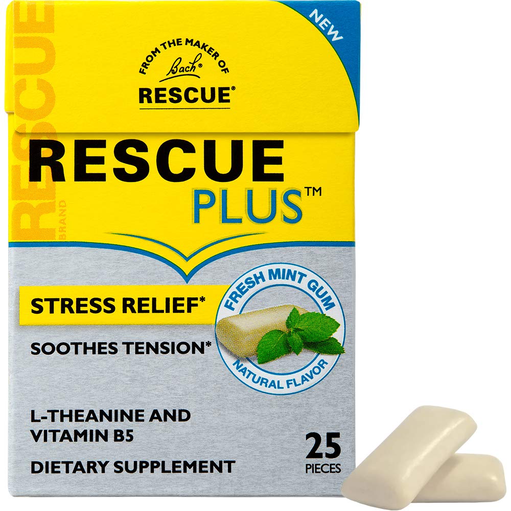 Bach Rescue Plus Gum, Natural Mint Flavor, Stress And Tension Relief, L-Theanine And Vitamin B5 Dietary Supplement, Biodegradable Chicle Gum, No Artificial Sweeteners, Flavors, Colors, 25 Pieces