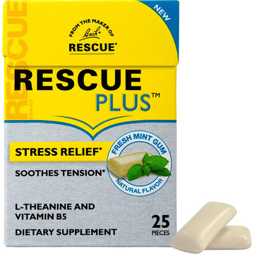 Bach Rescue Plus Gum, Natural Mint Flavor, Stress And Tension Relief, L-Theanine And Vitamin B5 Dietary Supplement, Biodegradable Chicle Gum, No Artificial Sweeteners, Flavors, Colors, 25 Pieces