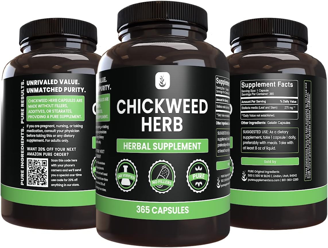 PURE ORIGINAL INGREDIENTS Chickweed Herb, (365 Capsules), No Magnesium Or Rice Fillers, Always Pure, Lab Verified : Health & Household