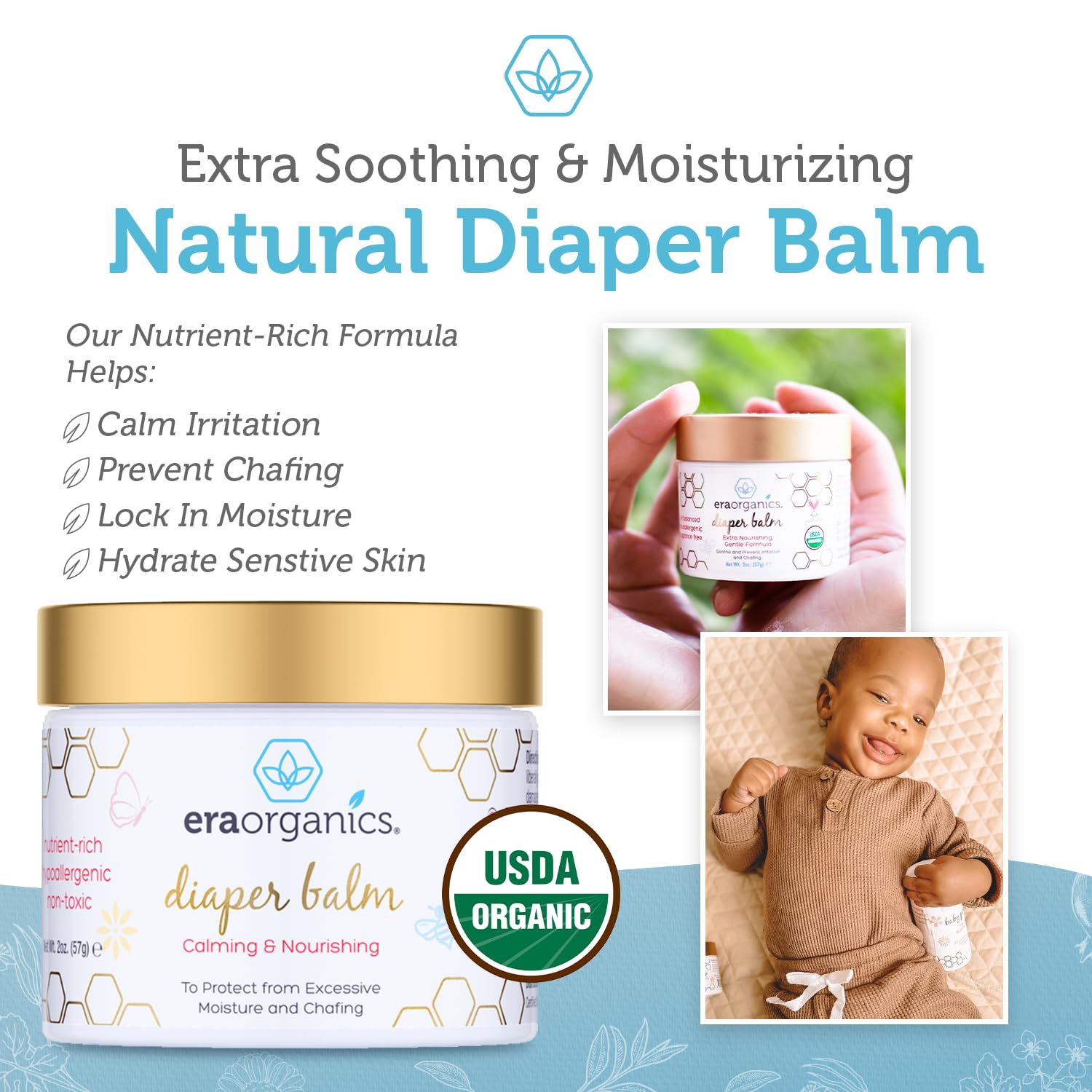 Era Organics Baby Diaper Balm - Extra Soothing and Nourishing USDA Organic Diaper Cream for Dry, Sensitive Skin. All Natural Baby Balm to Help Excess Moisture, Rash and Chafing Baby Ointment : Baby