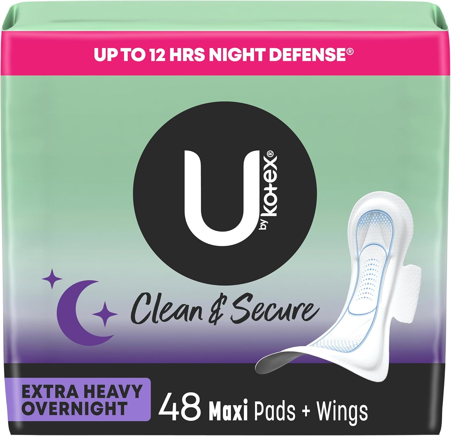 U By Kotex Clean & Secure Overnight Maxi Pads With Wings, Extra Heavy Absorbency, 48 Count (2 Packs Of 24) (Packaging May Vary)