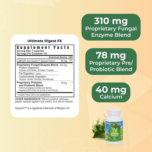 Youngevity Ultimate Digest Fx™ - Ultra Prebiotic, Probiotic, & Enzyme - Plant Enzyme Blend - Fos Blend - Sea Minerals - 15 Billion Lactobacillus Blend - Digestion Aid - 90 Capsules