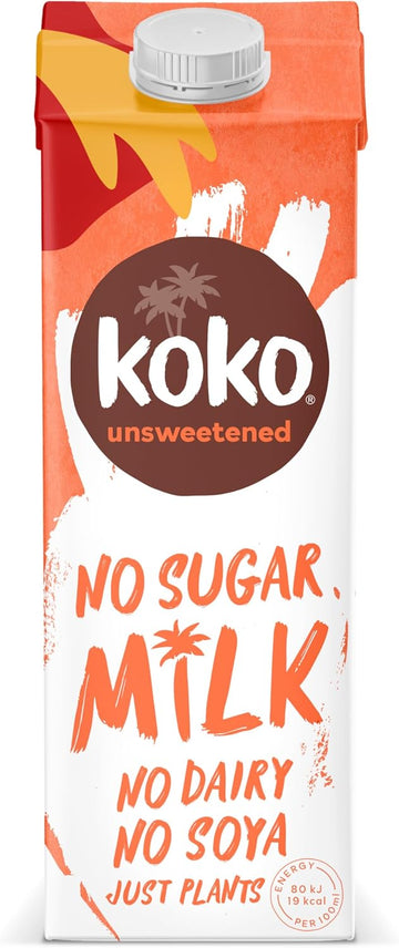 Koko Unsweetened No Sugar Mlk 12 X 1L | Tastes Like Dairy & No Added Sugar | No Dairy, No Soya, Just Plants | Allergen Free | Uht Ambient Long Life | 19 Calories Per 100Ml