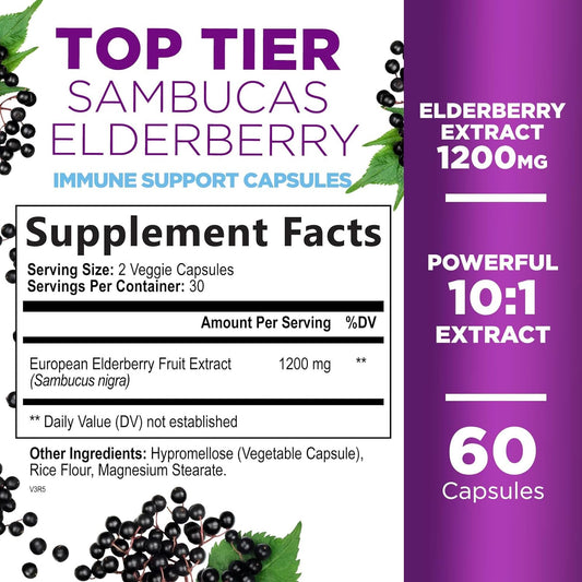 Elderberry Immune Support 10:1 Extract Capsules - Daily Immune Support Supplement For Adults, Natural Sambucus Black Elderberry Vitamins, Vegan Vitamin, Gluten & Sugar Free, Non-Gmo - 60 Count