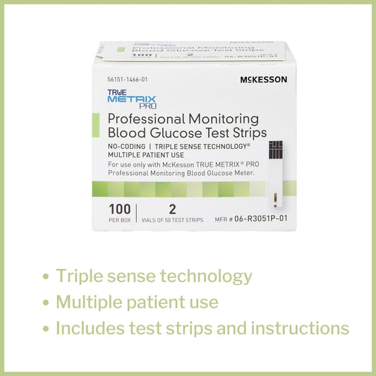 McKesson True METRIX PRO Professional Monitoring Blood Glucose Test Strips - No Coding, Triple Sense Technology, Multiple Patient Use - Vials of Strips, 100 Strips, 1 Pack