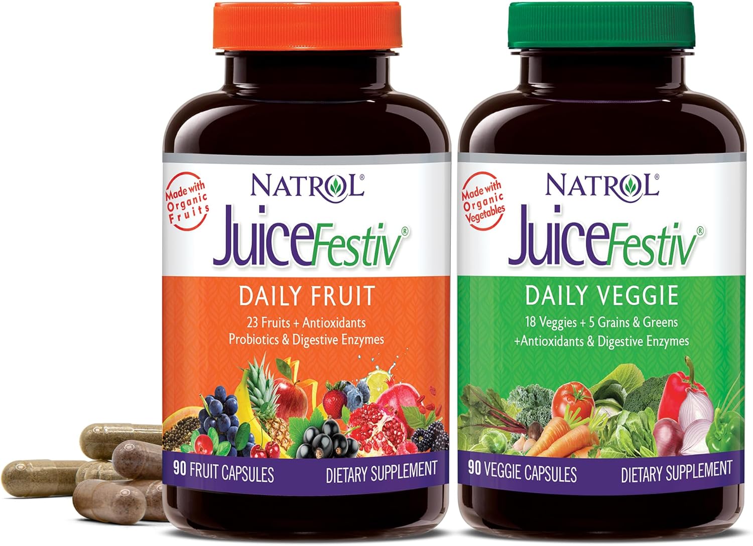 Natrol Juicefestiv Daily Fruits & Veggies Capsules, With Selenoexcell, 46 Fruits, Vegetables, Grains & Greens, 45 Servings, Improves Metabolism, Boosts Energy & Well-Being, 180 Ct (Two 90 Ct Bottles)