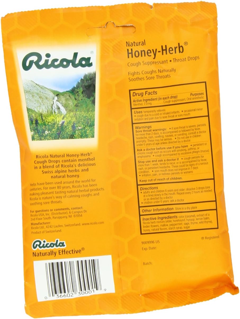 Ricola Cough Suppressant Throat Drops, Honey-Herb, 24 Drops (Pack of 12)