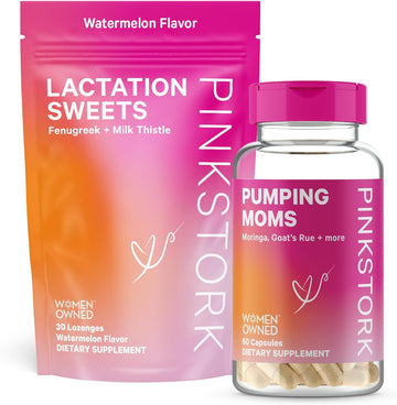 Pink Stork Pumping Essentials Duo - Lactation Supplements to Support Breast Milk Supply and Flow with Goat?s Rue, Fenugreek, Milk Thistle, and Moringa, Breastfeeding Snacks for New Moms, Duo